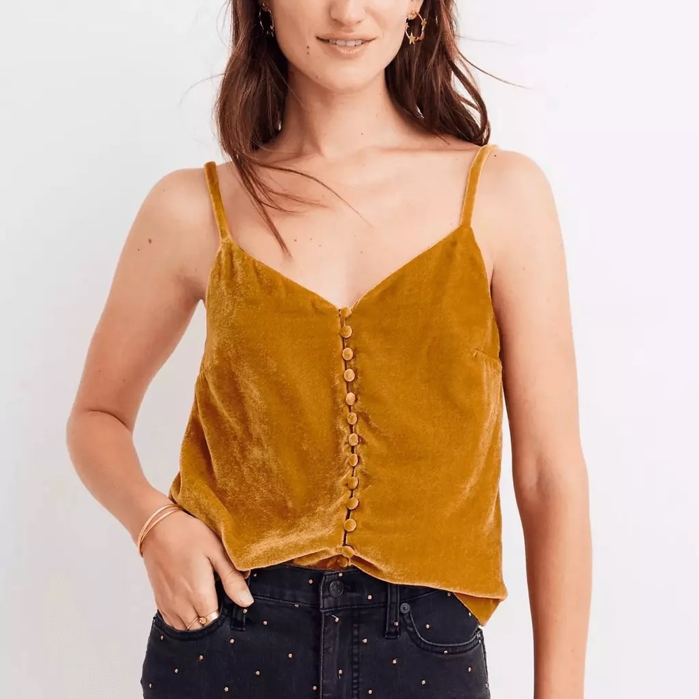 NWT Madewell Velvet Button-Down Cami Mustard 2